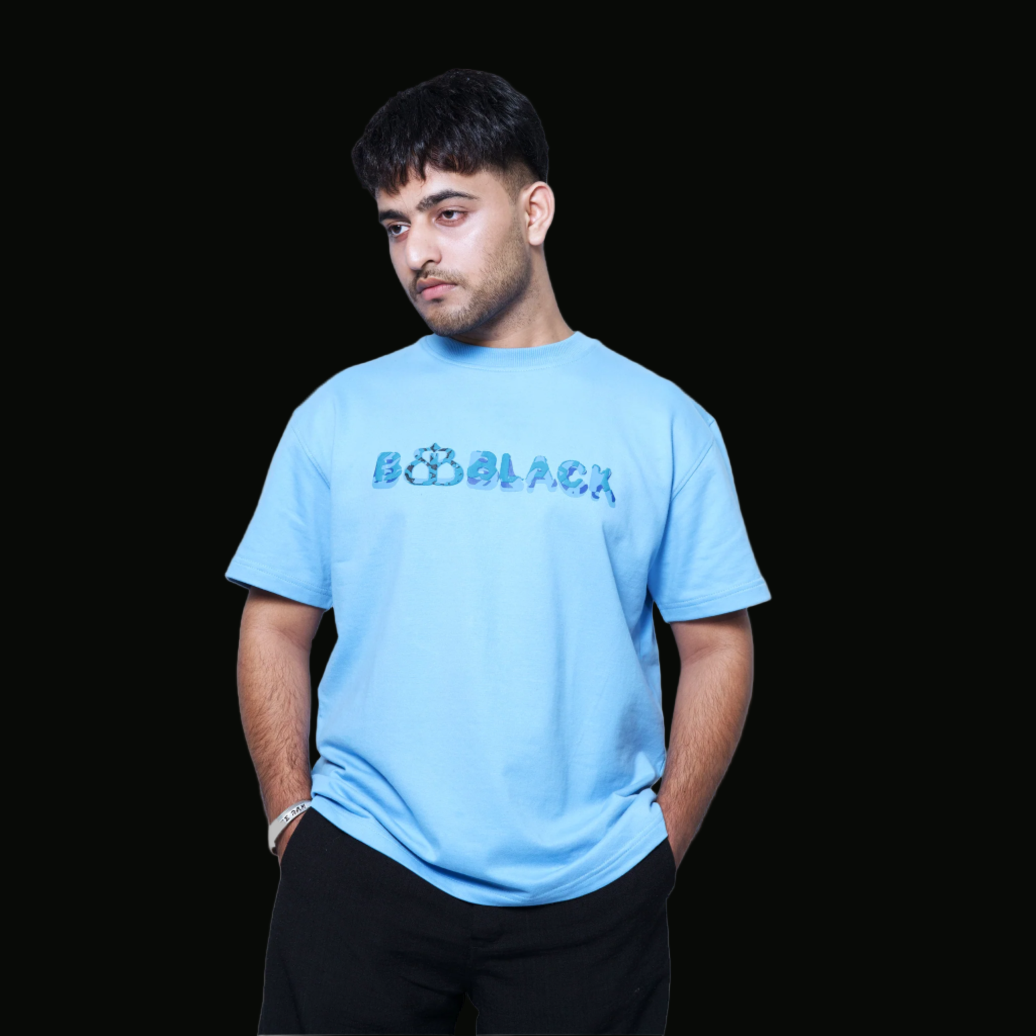 Person wearing a light blue t-shirt with text on a front